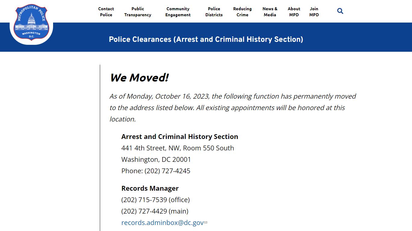 Police Clearances (Arrest and Criminal History Section) | mpdc